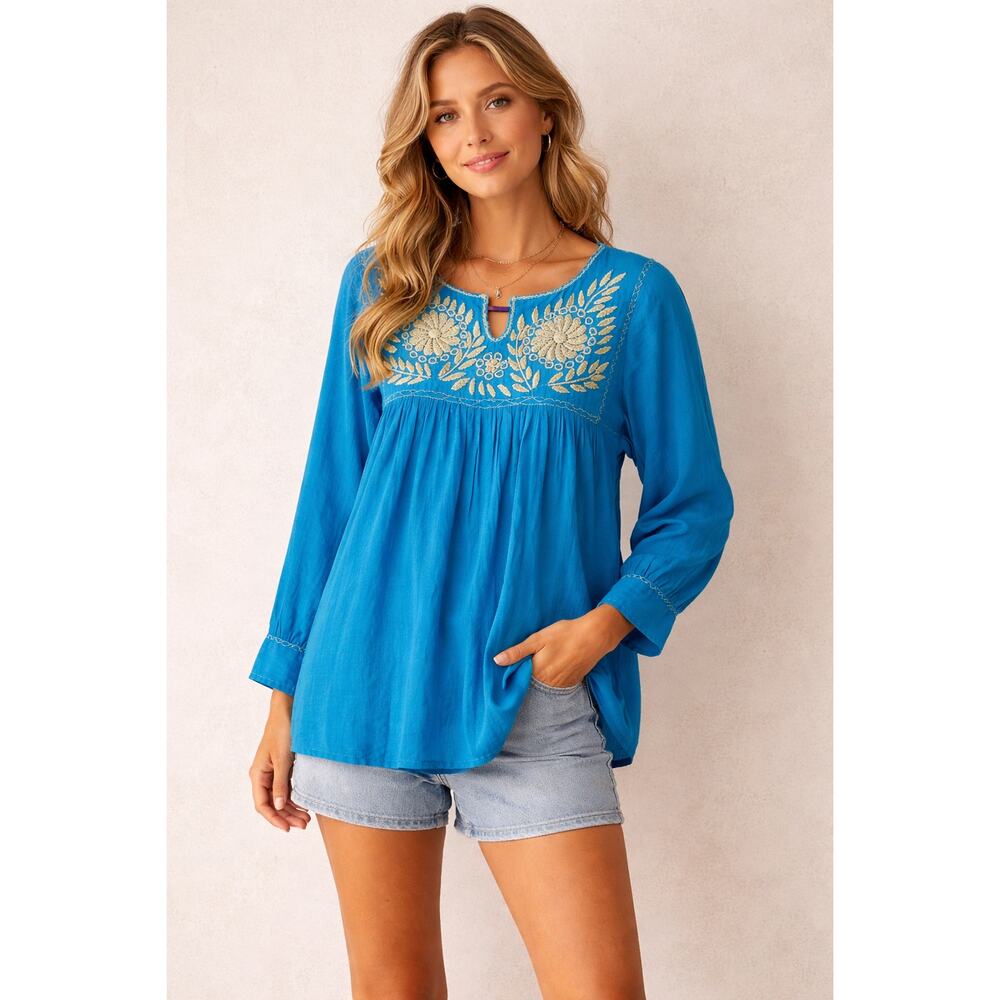 Womens Blue Embroidered Boho Peasant Top Size M L Artisan Blouse